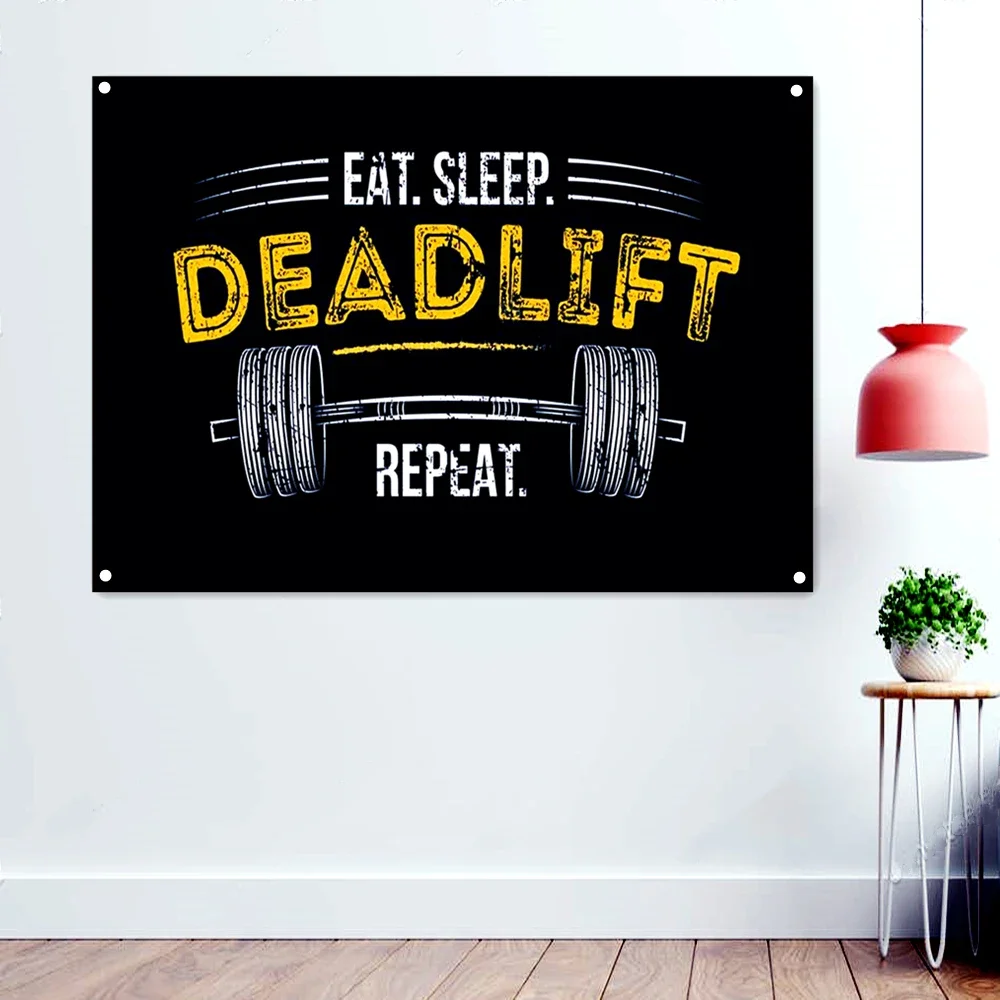 Yoga Fitness Wallpaper - 食べる。 睡眠。 デッドリフトリピート」ジムのインスピレーションを与える名言ポスター、壁紙、吊り下げ絵画、ヨガ、フィットネス、スポーツ、ワークアウトバナーフラッグ